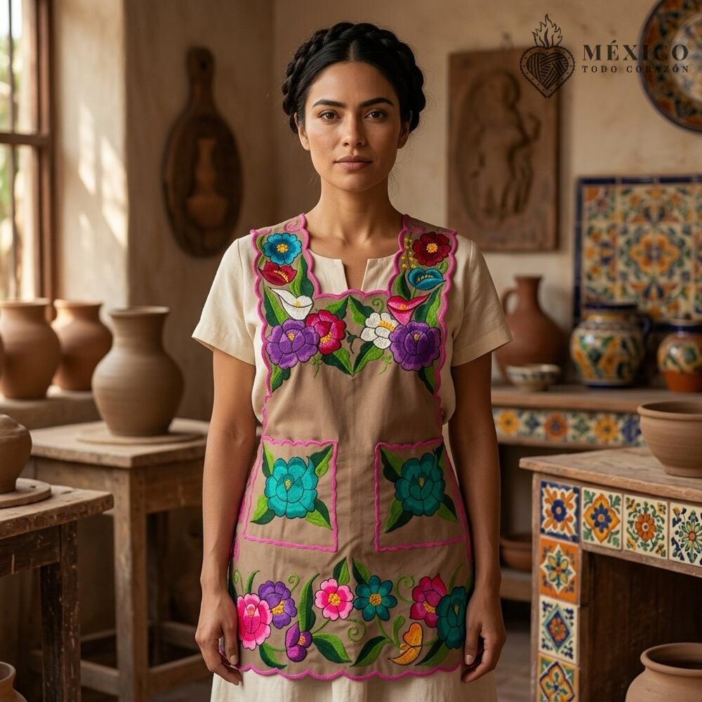 Tan  Mexican Embroidered Apron Essential Cotton Kitchen Apron Floral one size
